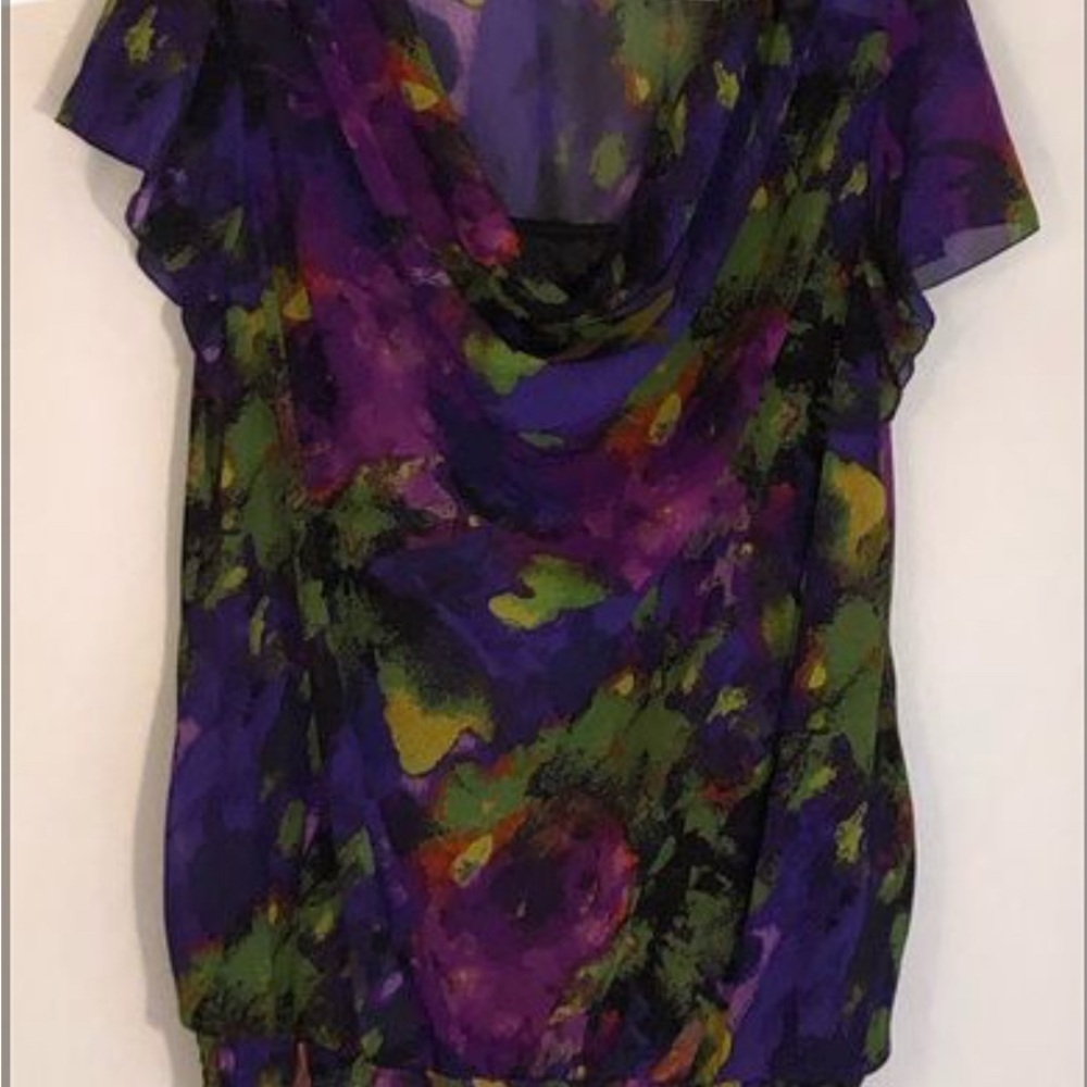 Floral Chiffon Cowl Neck Top - Purple and Green